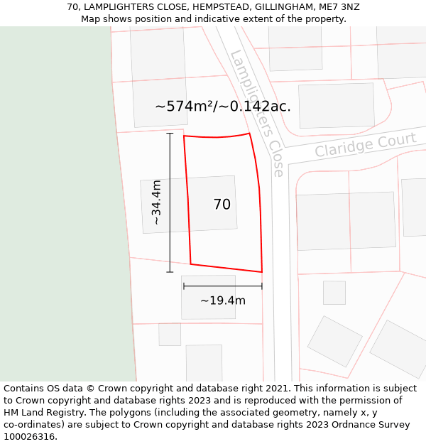 70, LAMPLIGHTERS CLOSE, HEMPSTEAD, GILLINGHAM, ME7 3NZ: Plot and title map