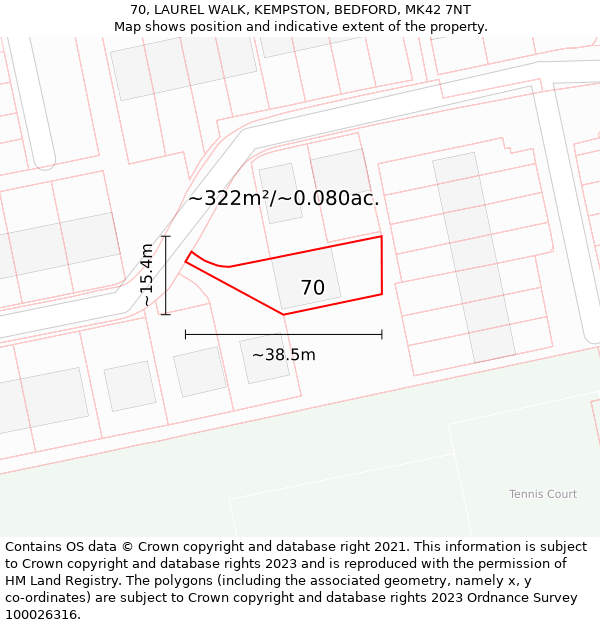 70, LAUREL WALK, KEMPSTON, BEDFORD, MK42 7NT: Plot and title map