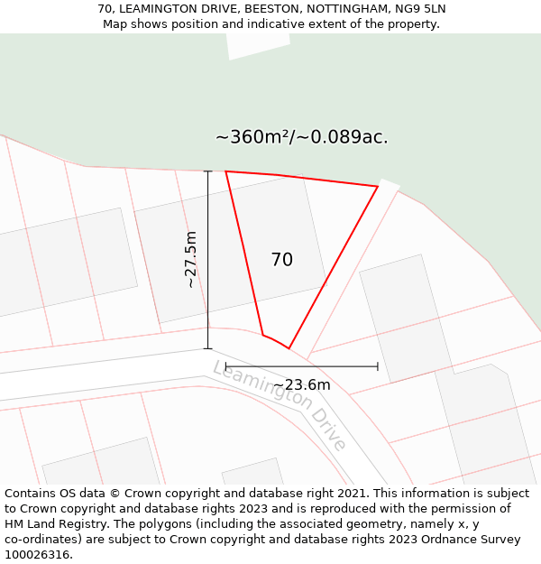 70, LEAMINGTON DRIVE, BEESTON, NOTTINGHAM, NG9 5LN: Plot and title map