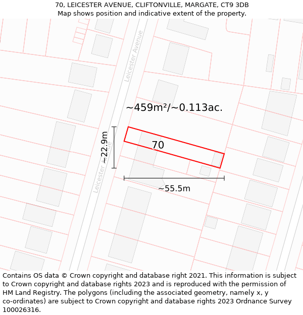 70, LEICESTER AVENUE, CLIFTONVILLE, MARGATE, CT9 3DB: Plot and title map