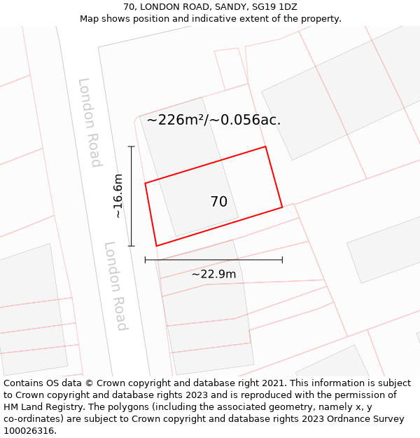70, LONDON ROAD, SANDY, SG19 1DZ: Plot and title map