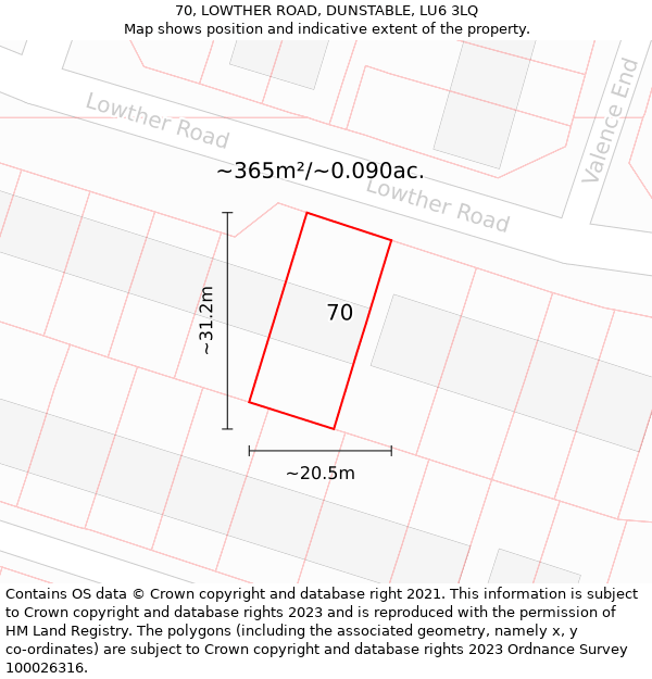 70, LOWTHER ROAD, DUNSTABLE, LU6 3LQ: Plot and title map