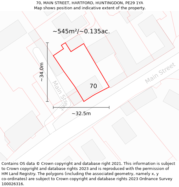 70, MAIN STREET, HARTFORD, HUNTINGDON, PE29 1YA: Plot and title map