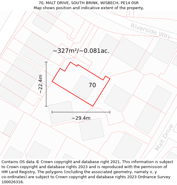 70, MALT DRIVE, SOUTH BRINK, WISBECH, PE14 0SR: Plot and title map