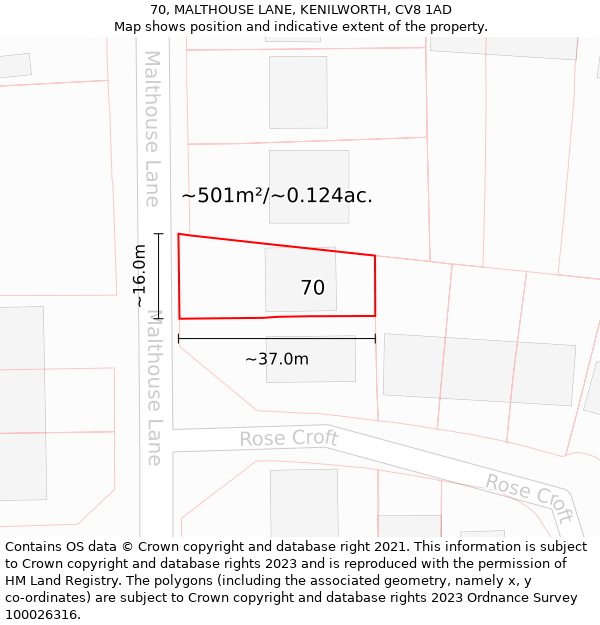 70, MALTHOUSE LANE, KENILWORTH, CV8 1AD: Plot and title map