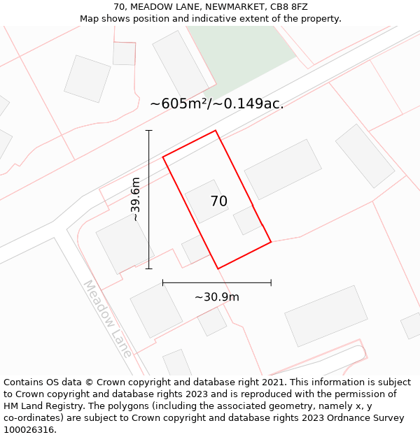 70, MEADOW LANE, NEWMARKET, CB8 8FZ: Plot and title map