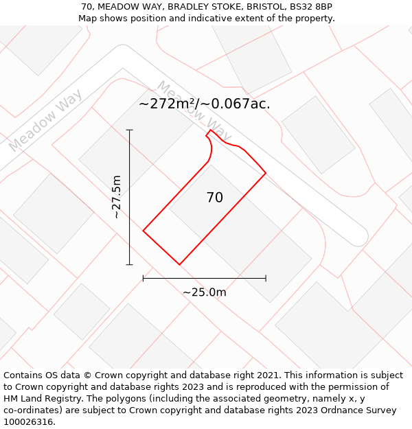 70, MEADOW WAY, BRADLEY STOKE, BRISTOL, BS32 8BP: Plot and title map