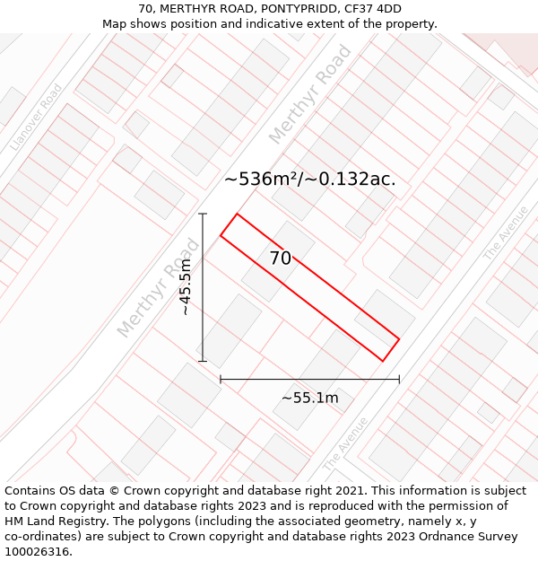 70, MERTHYR ROAD, PONTYPRIDD, CF37 4DD: Plot and title map