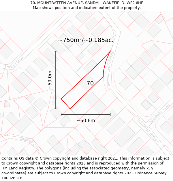 70, MOUNTBATTEN AVENUE, SANDAL, WAKEFIELD, WF2 6HE: Plot and title map