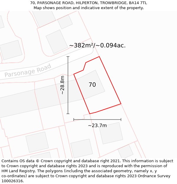 70, PARSONAGE ROAD, HILPERTON, TROWBRIDGE, BA14 7TL: Plot and title map