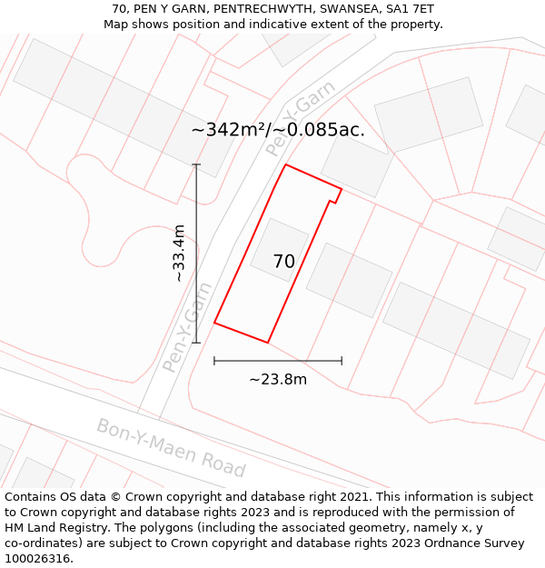 70, PEN Y GARN, PENTRECHWYTH, SWANSEA, SA1 7ET: Plot and title map