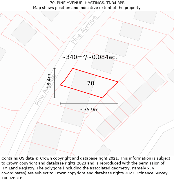 70, PINE AVENUE, HASTINGS, TN34 3PR: Plot and title map