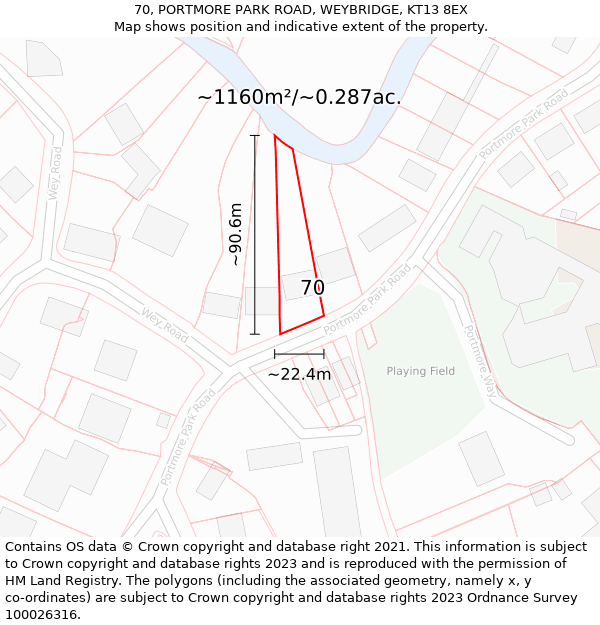 70, PORTMORE PARK ROAD, WEYBRIDGE, KT13 8EX: Plot and title map