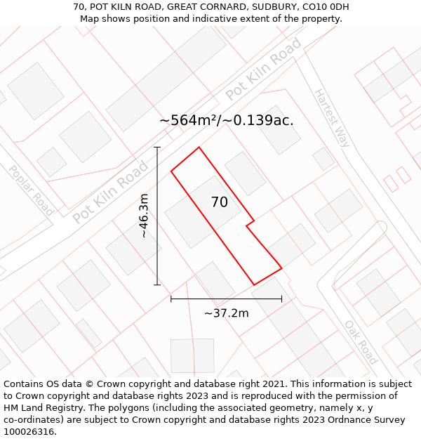 70, POT KILN ROAD, GREAT CORNARD, SUDBURY, CO10 0DH: Plot and title map