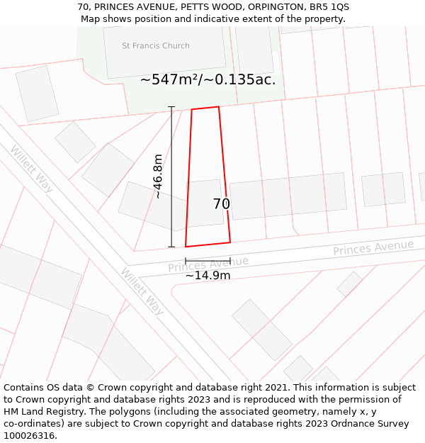 70, PRINCES AVENUE, PETTS WOOD, ORPINGTON, BR5 1QS: Plot and title map