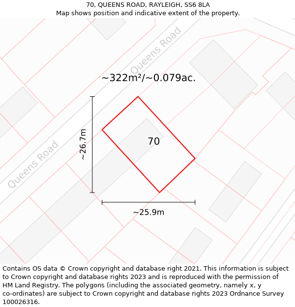 70, QUEENS ROAD, RAYLEIGH, SS6 8LA: Plot and title map