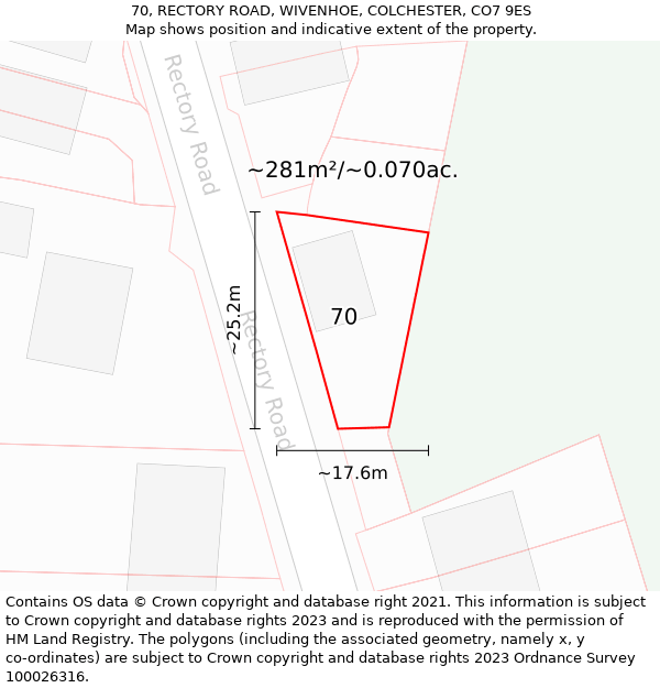 70, RECTORY ROAD, WIVENHOE, COLCHESTER, CO7 9ES: Plot and title map