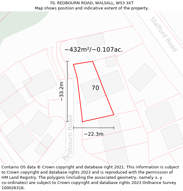 70, REDBOURN ROAD, WALSALL, WS3 3XT: Plot and title map