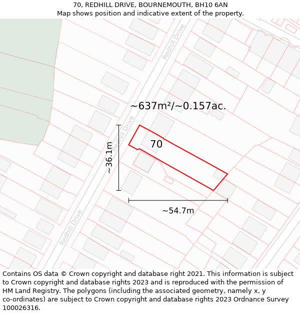 70, REDHILL DRIVE, BOURNEMOUTH, BH10 6AN: Plot and title map