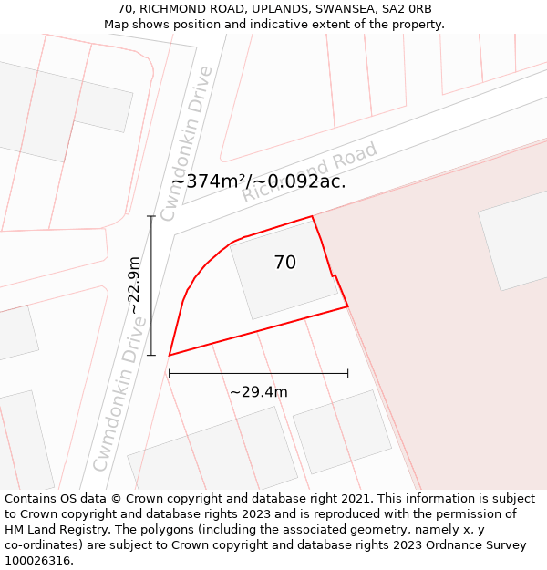 70, RICHMOND ROAD, UPLANDS, SWANSEA, SA2 0RB: Plot and title map