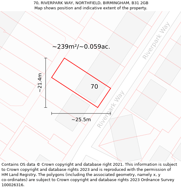 70, RIVERPARK WAY, NORTHFIELD, BIRMINGHAM, B31 2GB: Plot and title map