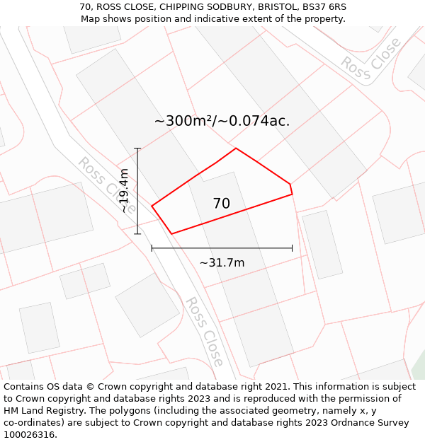 70, ROSS CLOSE, CHIPPING SODBURY, BRISTOL, BS37 6RS: Plot and title map