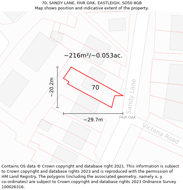 70, SANDY LANE, FAIR OAK, EASTLEIGH, SO50 8GB: Plot and title map