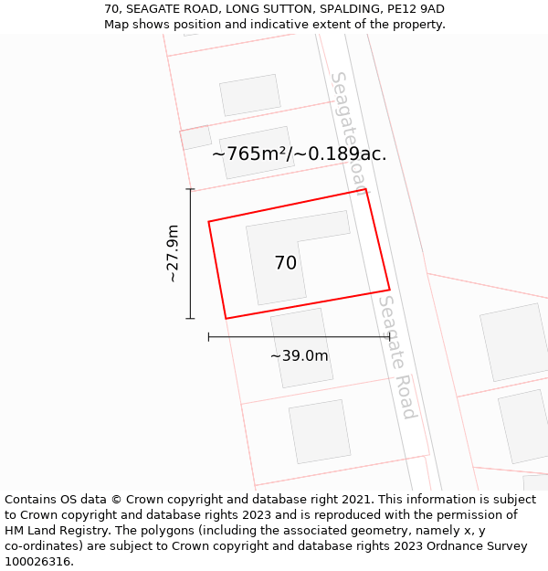 70, SEAGATE ROAD, LONG SUTTON, SPALDING, PE12 9AD: Plot and title map