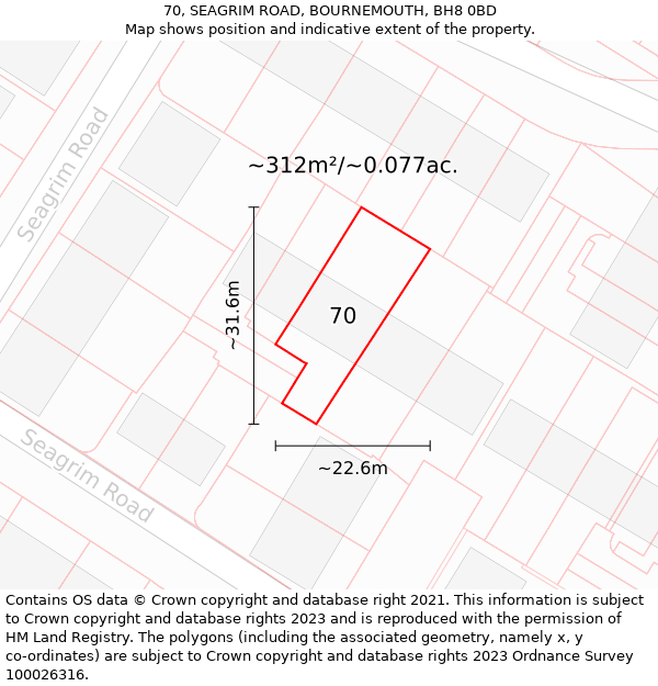 70, SEAGRIM ROAD, BOURNEMOUTH, BH8 0BD: Plot and title map