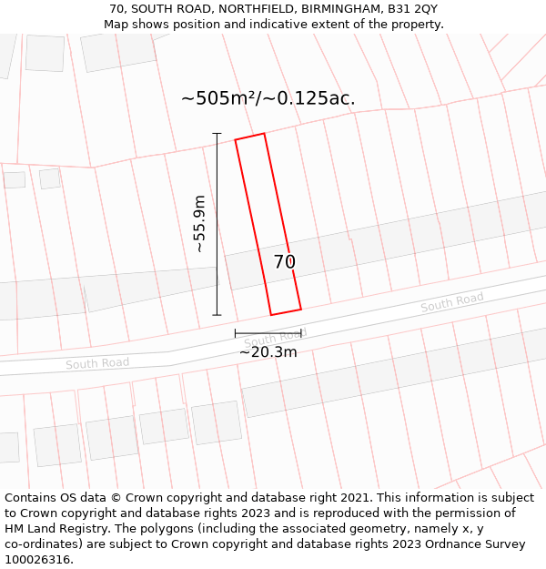 70, SOUTH ROAD, NORTHFIELD, BIRMINGHAM, B31 2QY: Plot and title map