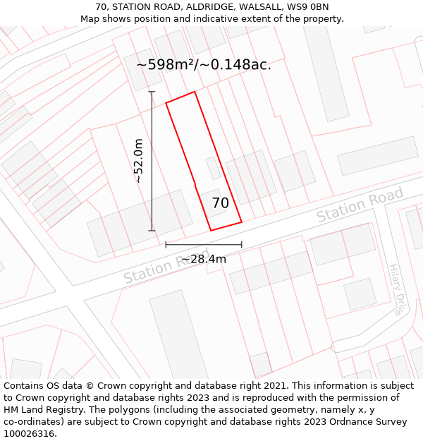 70, STATION ROAD, ALDRIDGE, WALSALL, WS9 0BN: Plot and title map