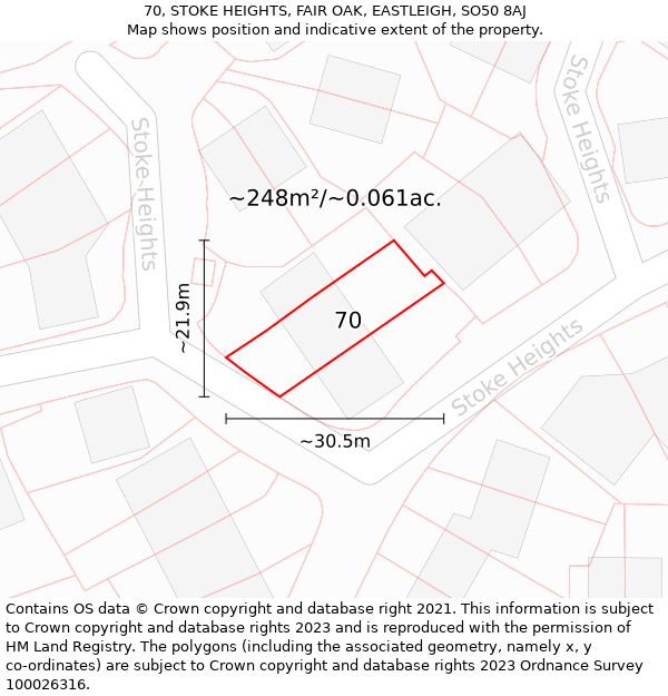 70, STOKE HEIGHTS, FAIR OAK, EASTLEIGH, SO50 8AJ: Plot and title map