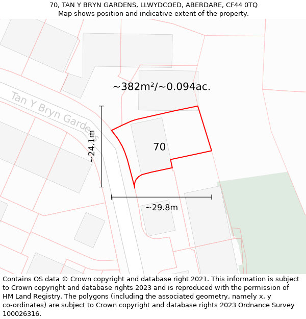 70, TAN Y BRYN GARDENS, LLWYDCOED, ABERDARE, CF44 0TQ: Plot and title map