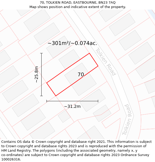 70, TOLKIEN ROAD, EASTBOURNE, BN23 7AQ: Plot and title map