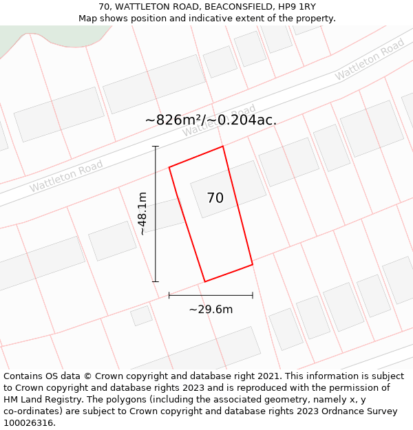 70, WATTLETON ROAD, BEACONSFIELD, HP9 1RY: Plot and title map