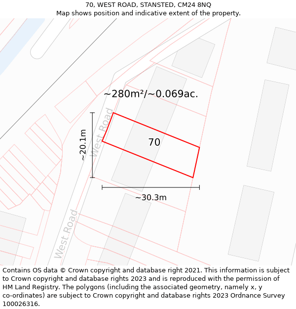 70, WEST ROAD, STANSTED, CM24 8NQ: Plot and title map