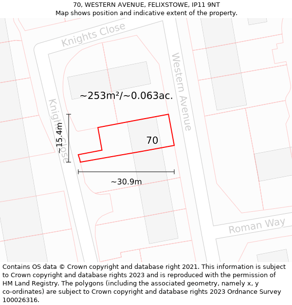 70, WESTERN AVENUE, FELIXSTOWE, IP11 9NT: Plot and title map