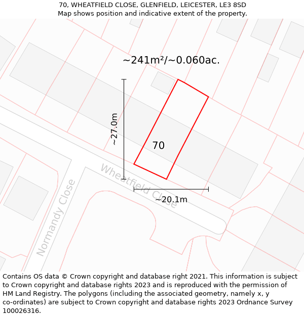 70, WHEATFIELD CLOSE, GLENFIELD, LEICESTER, LE3 8SD: Plot and title map