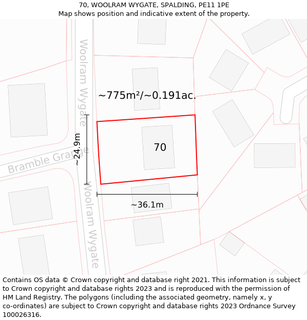 70, WOOLRAM WYGATE, SPALDING, PE11 1PE: Plot and title map
