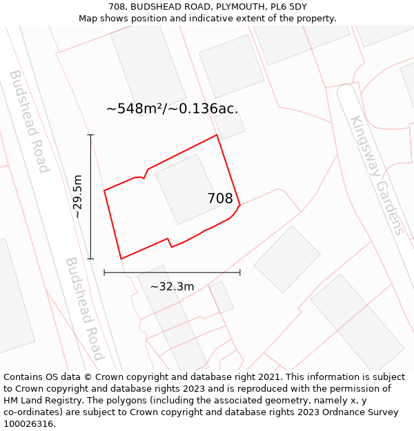 708, BUDSHEAD ROAD, PLYMOUTH, PL6 5DY: Plot and title map
