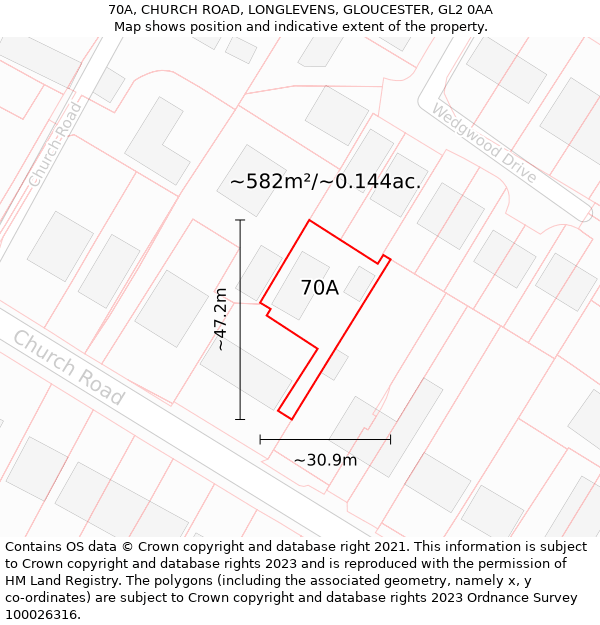 70A, CHURCH ROAD, LONGLEVENS, GLOUCESTER, GL2 0AA: Plot and title map