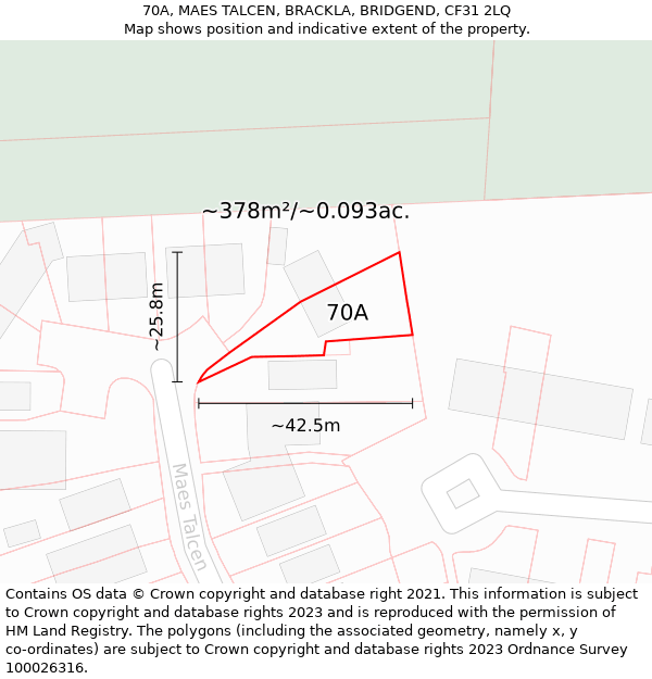 70A, MAES TALCEN, BRACKLA, BRIDGEND, CF31 2LQ: Plot and title map