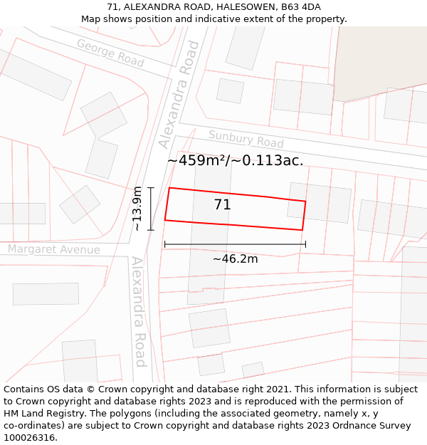 71, ALEXANDRA ROAD, HALESOWEN, B63 4DA: Plot and title map