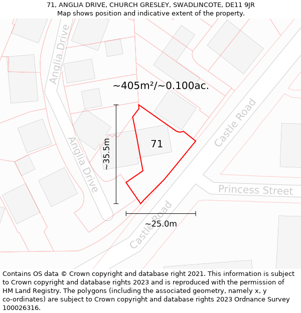 71, ANGLIA DRIVE, CHURCH GRESLEY, SWADLINCOTE, DE11 9JR: Plot and title map