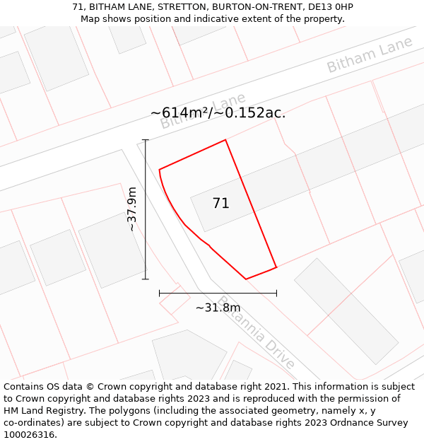 71, BITHAM LANE, STRETTON, BURTON-ON-TRENT, DE13 0HP: Plot and title map