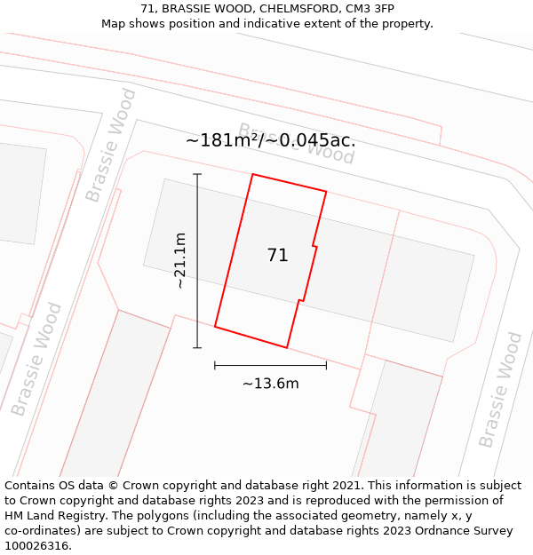 71, BRASSIE WOOD, CHELMSFORD, CM3 3FP: Plot and title map
