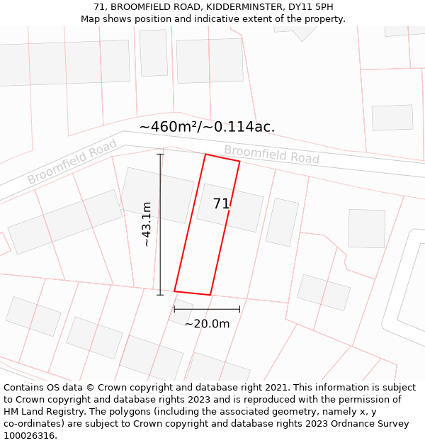 71, BROOMFIELD ROAD, KIDDERMINSTER, DY11 5PH: Plot and title map