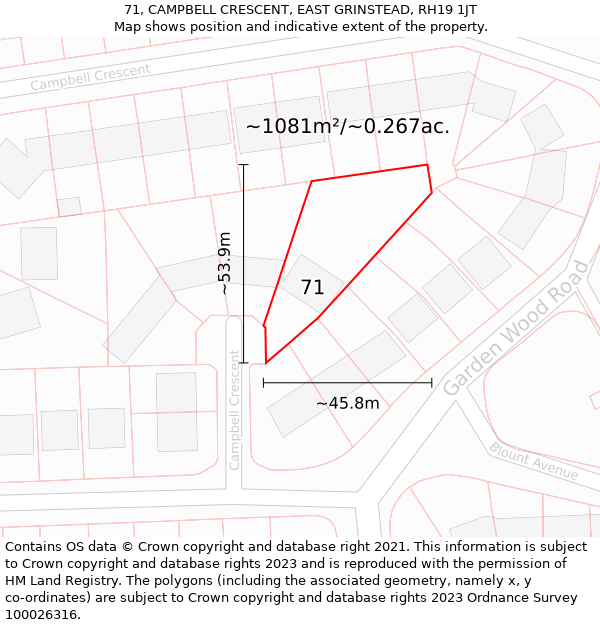 71, CAMPBELL CRESCENT, EAST GRINSTEAD, RH19 1JT: Plot and title map