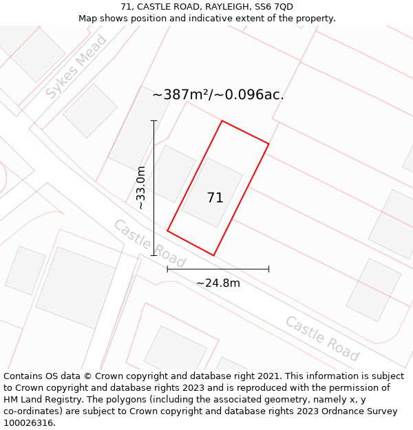 71, CASTLE ROAD, RAYLEIGH, SS6 7QD: Plot and title map