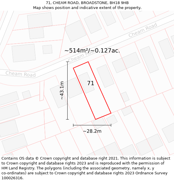 71, CHEAM ROAD, BROADSTONE, BH18 9HB: Plot and title map